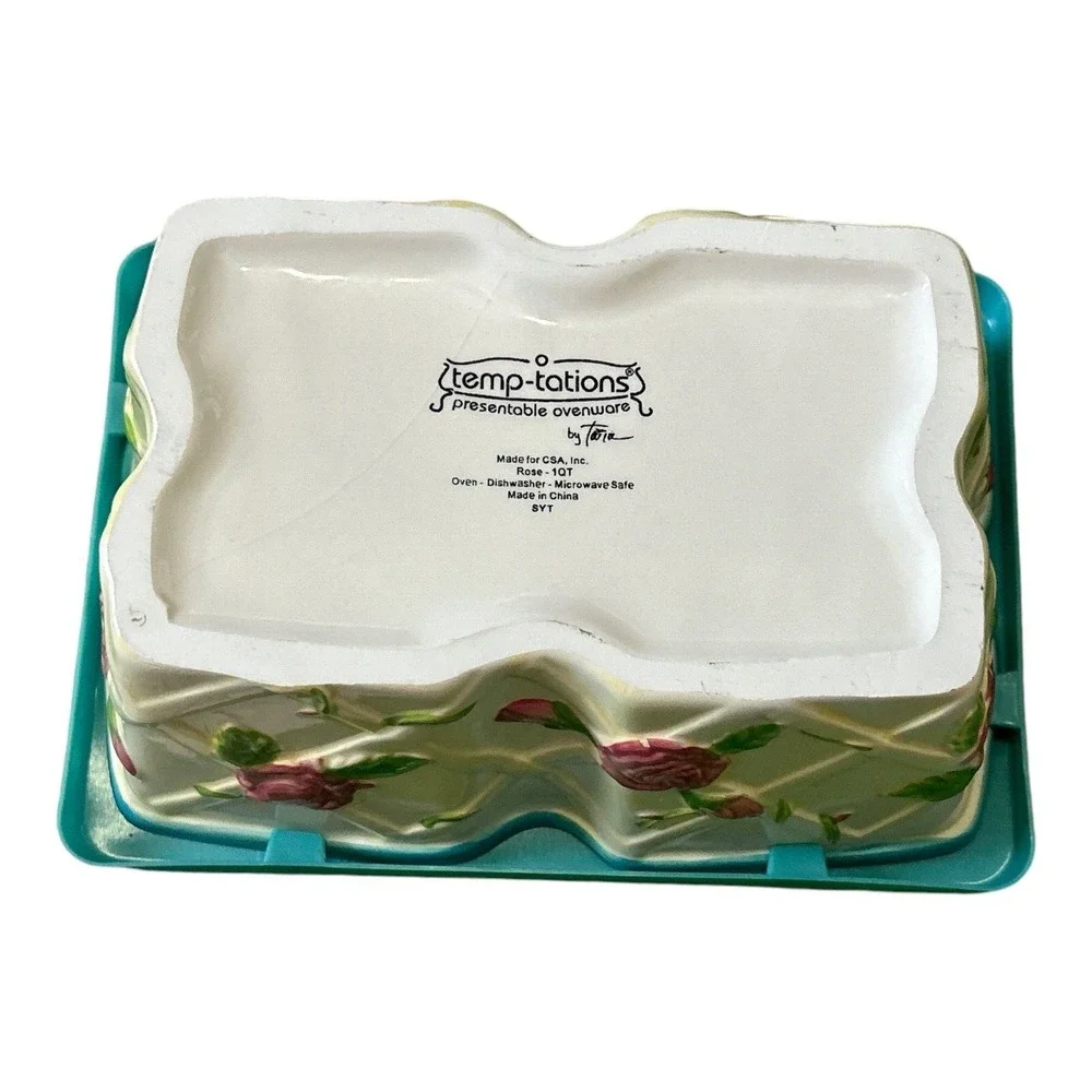 Temp-Tations Presentable Ovenware By Tara Roses 1Qt Loaf Pan W/Trivet Rack & Lid